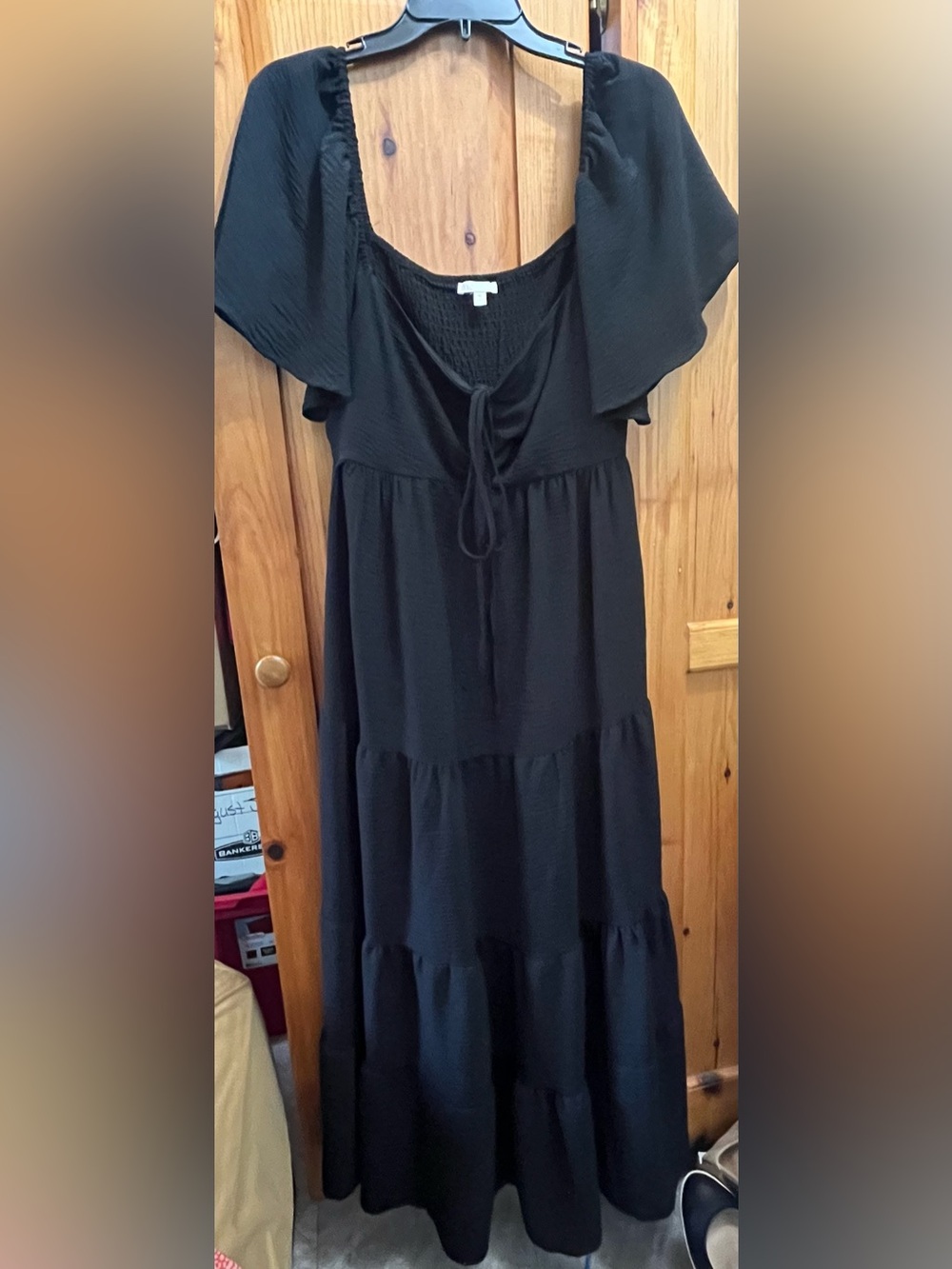 Black Smocked Tie-Front Maxi Dress with Flutter Sleeves